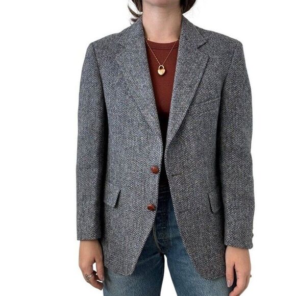 Vintage 1950s Harris Tweed Blue Chevron Woven in Scotland Sport Coat Blazer 40R - Picture 1 of 8